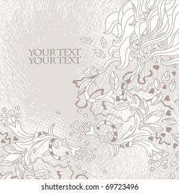 floral background with hand drawn plants, ribbons and hearts on a scratched background