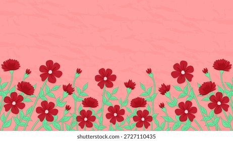 Blumenhintergrund mit handgezeichneten roten Blumen auf rosafarbener Textur für das Sommerdesign im Frühling.