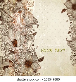 Floral Background, Hand Drawn Retro Flowers, Leafs And Ornaments. Vintage Engraving Ornate For Summer Design. Old Paper Texture.