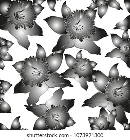 Floral background with hand drawn spring flowers daffodils, narcissus.  Monochrome gradient floral elements on light background. Vector Illustration