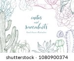 Floral background. Hand drawn vector botanical illustration. Template greeting card, wedding invitation banner with spring flowers. Sketch linear cactus ans succulents . Engraved style illustration.