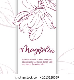Floral background. Hand drawn vector botanical illustration. Template greeting card, wedding invitation banner with spring flowers. Sketch linear magnolia blossom.Engraved style illustration.