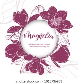 Floral background. Hand drawn vector botanical illustration. Template greeting card, wedding invitation banner with spring flowers. Sketch linear magnolia blossom.Engraved style illustration.