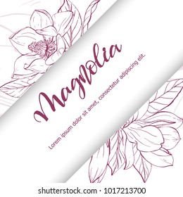 Floral background. Hand drawn vector botanical illustration. Template greeting card, wedding invitation banner with spring flowers. Sketch linear magnolia blossom.Engraved style illustration.