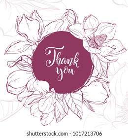 Floral background. Hand drawn vector botanical illustration. Template greeting card, wedding invitation banner with spring flowers. Sketch linear magnolia blossom.Engraved style illustration.