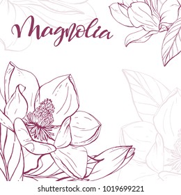 Floral background. Hand drawn vector botanical illustration. Template greeting card, wedding invitation banner with spring flowers. Sketch linear magnolia blossom.Engraved style illustration.