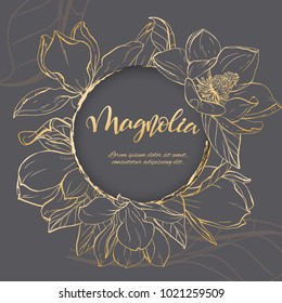 Floral background. Hand drawn vector botanical illustration. Template greeting card, wedding invitation banner with spring flowers. Sketch linear magnolia blossom.Engraved style illustration.