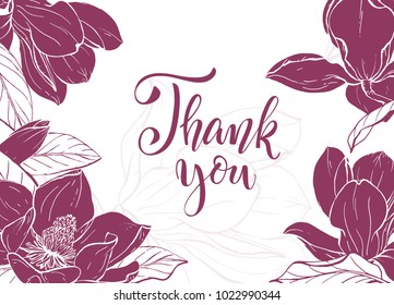 Floral background. Hand drawn vector botanical illustration. Template greeting card, wedding invitation banner with spring flowers. Sketch linear magnolia blossom.Engraved style illustration.
