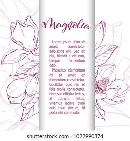 Floral background. Hand drawn vector botanical illustration. Template greeting card, wedding invitation banner with spring flowers. Sketch linear magnolia blossom.Engraved style illustration.