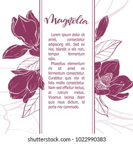 Floral background. Hand drawn vector botanical illustration. Template greeting card, wedding invitation banner with spring flowers. Sketch linear magnolia blossom.Engraved style illustration.