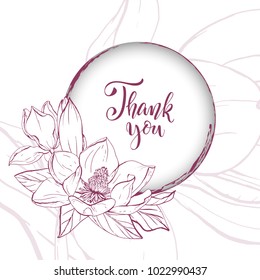 Floral background. Hand drawn vector botanical illustration. Template greeting card, wedding invitation banner with spring flowers. Sketch linear magnolia blossom.Engraved style illustration.