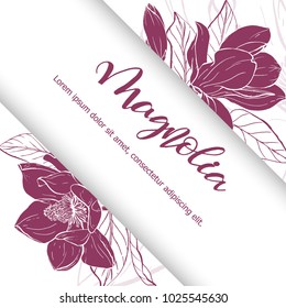 Floral background. Hand drawn vector botanical illustration. Template greeting card, wedding invitation banner with spring flowers. Sketch linear magnolia blossom.Engraved style illustration.