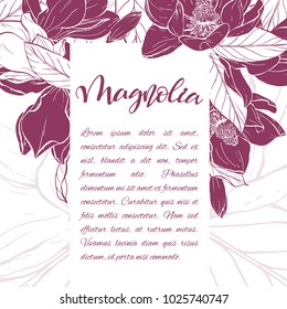 Floral background. Hand drawn vector botanical illustration. Template greeting card, wedding invitation banner with spring flowers. Sketch linear magnolia blossom.Engraved style illustration.