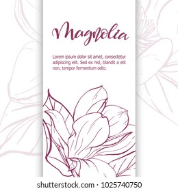 Floral background. Hand drawn vector botanical illustration. Template greeting card, wedding invitation banner with spring flowers. Sketch linear magnolia blossom.Engraved style illustration.