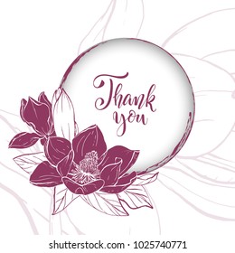 Floral background. Hand drawn vector botanical illustration. Template greeting card, wedding invitation banner with spring flowers. Sketch linear magnolia blossom.Engraved style illustration.