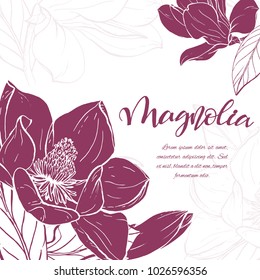 Floral background. Hand drawn vector botanical illustration. Template greeting card, wedding invitation banner with spring flowers. Sketch linear magnolia blossom.Engraved style illustration.
