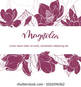 Floral background. Hand drawn vector botanical illustration. Template greeting card, wedding invitation banner with spring flowers. Sketch linear magnolia blossom.Engraved style illustration.