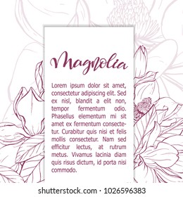 Floral background. Hand drawn vector botanical illustration. Template greeting card, wedding invitation banner with spring flowers. Sketch linear magnolia blossom.Engraved style illustration.