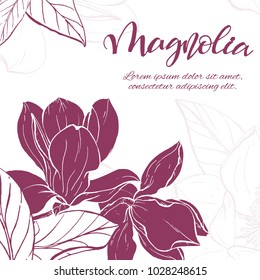 Floral background. Hand drawn vector botanical illustration. Template greeting card, wedding invitation banner with spring flowers. Sketch linear magnolia blossom.Engraved style illustration.