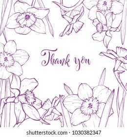Floral background. Hand drawn vector botanical illustration. Template greeting card, wedding invitation banner with spring flowers. Sketch linear narcissus blossom.Engraved style illustration.