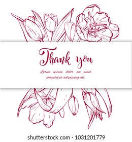 Floral background. Hand drawn vector botanical illustration. Template greeting card, wedding invitation banner with spring flowers. Sketch linear tulips blossom.Engraved style illustration.