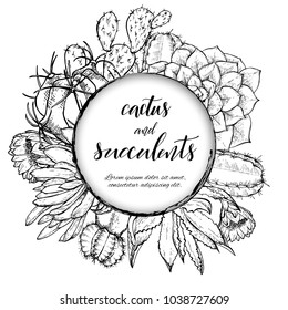Floral background. Hand drawn vector botanical illustration. Template greeting card, wedding invitation banner with spring flowers. Sketch linear cactus ans succulents . Engraved style illustration.