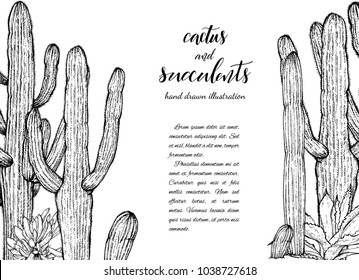 Floral background. Hand drawn vector botanical illustration. Template greeting card, wedding invitation banner with spring flowers. Sketch linear cactus ans succulents . Engraved style illustration.