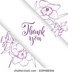 Floral background. Hand drawn vector botanical illustration. Template greeting card, wedding invitation banner with spring flowers. Sketch linear narcissus blossom.Engraved style illustration.