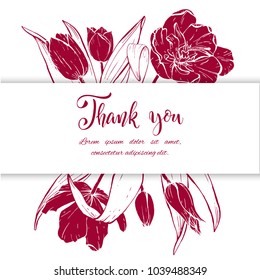 Floral background. Hand drawn vector botanical illustration. Template greeting card, wedding invitation banner with spring flowers. Sketch linear tulips blossom.Engraved style illustration.