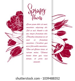Floral background. Hand drawn vector botanical illustration. Template greeting card, wedding invitation banner with spring flowers. Sketch linear tulips blossom.Engraved style illustration.