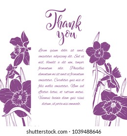 Floral background. Hand drawn vector botanical illustration. Template greeting card, wedding invitation banner with spring flowers. Sketch linear narcissus blossom.Engraved style illustration.