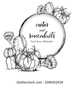 Floral background. Hand drawn vector botanical illustration. Template greeting card, wedding invitation banner with spring flowers. Sketch linear cactus ans succulents . Engraved style illustration.