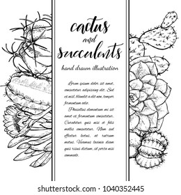 Floral background. Hand drawn vector botanical illustration. Template greeting card, wedding invitation banner with spring flowers. Sketch linear cactus ans succulents . Engraved style illustration.