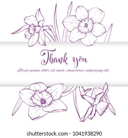 Floral background. Hand drawn vector botanical illustration. Template greeting card, wedding invitation banner with spring flowers. Sketch linear narcissus blossom.Engraved style illustration.