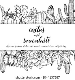 Floral background. Hand drawn vector botanical illustration. Template greeting card, wedding invitation banner with spring flowers. Sketch linear cactus ans succulents . Engraved style illustration.