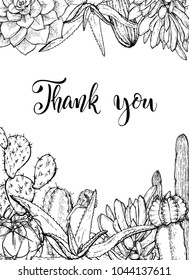 Floral background. Hand drawn vector botanical illustration. Template greeting card, wedding invitation banner with spring flowers. Sketch linear cactus ans succulents . Engraved style illustration.