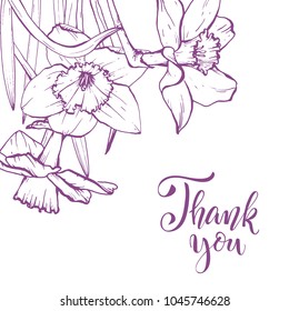 Floral background. Hand drawn vector botanical illustration. Template greeting card, wedding invitation banner with spring flowers. Sketch linear narcissus blossom.Engraved style illustration.
