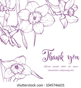 Floral background. Hand drawn vector botanical illustration. Template greeting card, wedding invitation banner with spring flowers. Sketch linear narcissus blossom.Engraved style illustration.