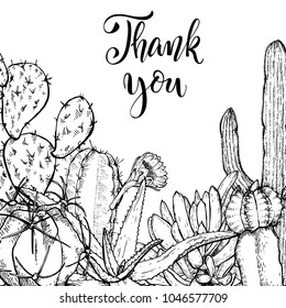 Floral background. Hand drawn vector botanical illustration. Template greeting card, wedding invitation banner with spring flowers. Sketch linear cactus ans succulents . Engraved style illustration.