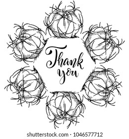 Floral background. Hand drawn vector botanical illustration. Template greeting card, wedding invitation banner with spring flowers. Sketch linear cactus ans succulents . Engraved style illustration.