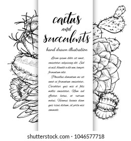Floral background. Hand drawn vector botanical illustration. Template greeting card, wedding invitation banner with spring flowers. Sketch linear cactus ans succulents . Engraved style illustration.