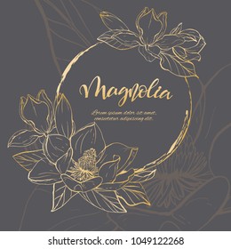 Floral background. Hand drawn vector botanical illustration. Template greeting card, wedding invitation banner with spring flowers. Sketch linear magnolia blossom.Engraved style illustration.