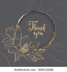 Floral background. Hand drawn vector botanical illustration. Template greeting card, wedding invitation banner with spring flowers. Sketch linear magnolia blossom.Engraved style illustration.