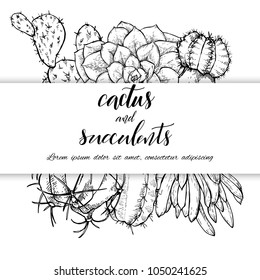 Floral background. Hand drawn vector botanical illustration. Template greeting card, wedding invitation banner with spring flowers. Sketch linear cactus ans succulents . Engraved style illustration.