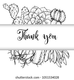 Floral background. Hand drawn vector botanical illustration. Template greeting card, wedding invitation banner with spring flowers. Sketch linear cactus ans succulents . Engraved style illustration.