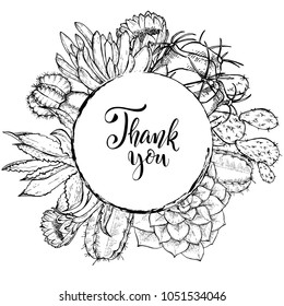 Floral background. Hand drawn vector botanical illustration. Template greeting card, wedding invitation banner with spring flowers. Sketch linear cactus ans succulents . Engraved style illustration.