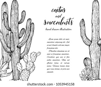 Blumenhintergrund. Handgezeichnete Vektorgrafik botanischer Darstellung. Template Grußkarte, Hochzeitseinladung Banner mit Frühlingsblumen. Sketch linear kactus succulents . Gravierte Stilgrafik.