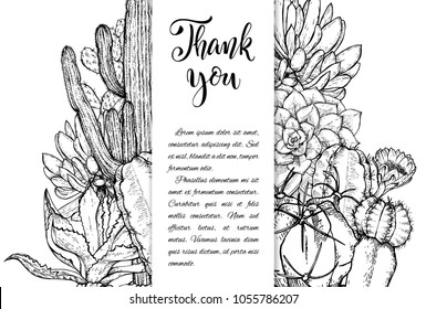 Floral background. Hand drawn vector botanical illustration. Template greeting card, wedding invitation banner with spring flowers. Sketch linear cactus ans succulents . Engraved style illustration.