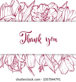Floral background. Hand drawn vector botanical illustration. Template greeting card, wedding invitation banner with spring flowers. Sketch linear tulips blossom.Engraved style illustration.