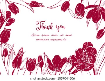 Floral background. Hand drawn vector botanical illustration. Template greeting card, wedding invitation banner with spring flowers. Sketch linear tulips blossom.Engraved style illustration.